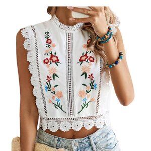 Sleeveless Floral Embroidered Guipure Lace Blouse White Elegant Top S-XL